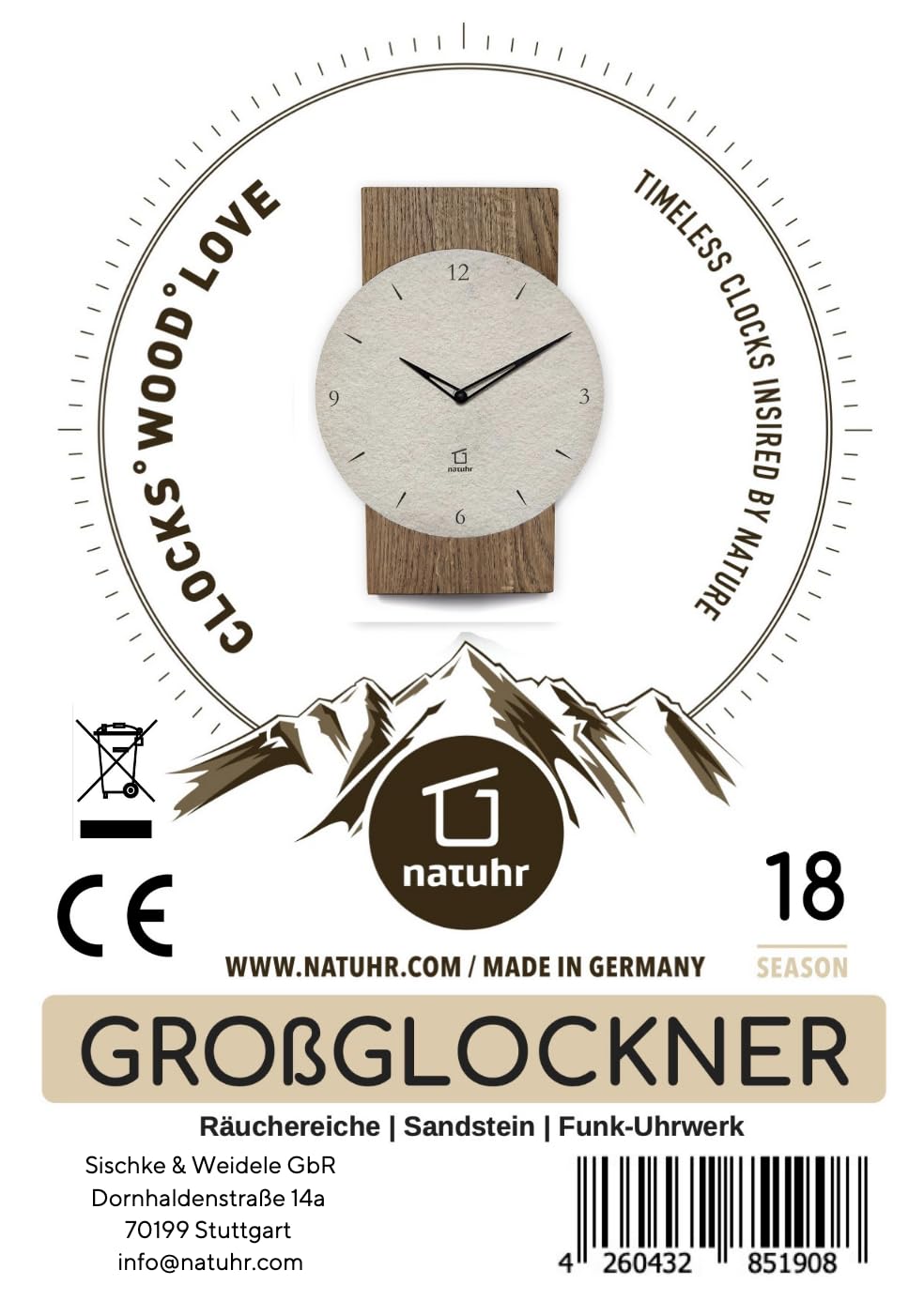 Großglockner - Reloj de pared, madera de roble, piedra arenisca, fabricado en Alemania (piedra arenisca, roble ahumado, mecanismo de radio)