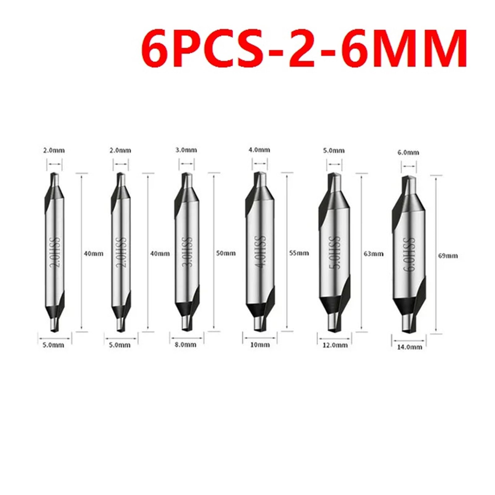 Wiertło centrujące HSS, Zestaw wierteł centralnych HSS 60 stopni i pogłębiaczy 1,5-6,0 mm(6pcs 2.0 6.0mm)