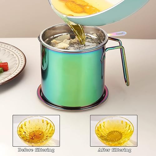 Miniatura 7 de Berglander Contenedor de grasa de tocino arcoíris con colador de 47 onzas, contenedor de almacenamiento de aceite de acero inoxidable chapado en