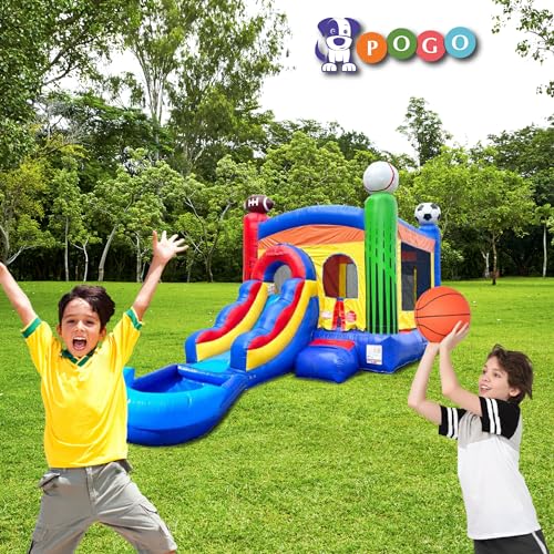 Pogo Bounce House Inflatable Bounce House with Slide for Kids - 26.5 x 12 x 14.5 Foot Backyard Deluxe Sports Combo with Water Pool, Outdoor Jumpers - includes Blower, Anchor Stakes, Storage Bag