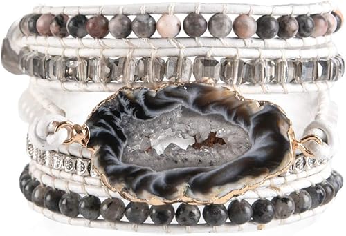 Ygline Pulsera bohemia hecha a mano, con piedra de cristal, envolvente, de cuero, para mujer