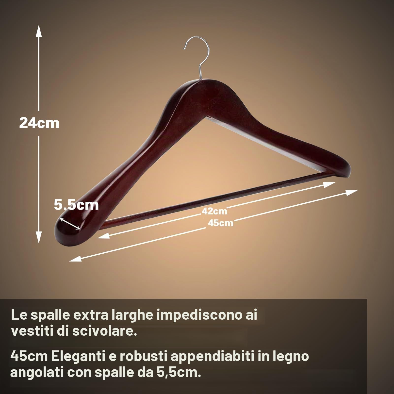 Set di 10 grucce appendiabiti in legno massiccio, con spalle extra larghe, antiscivolo, per camicie, cappotti, giacche, pantaloni, tute, gancio girevole a 360° (colore noce scuro)