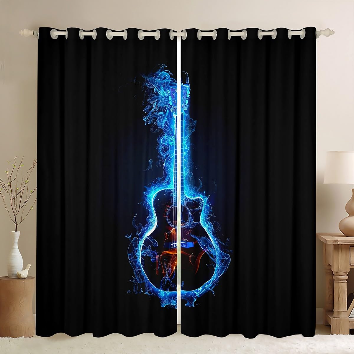Tende moderne a forma di chitarra musicale, decorazione per la stanza dei bambini, adulti e adolescenti, stile hip hop, musica rock, per ragazzi e ragazze, tende per finestre luminose blu