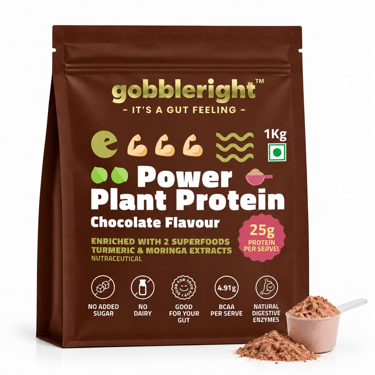 GOBBLERIGHT Plant Protein Powder Chocolate (1kg)-28.5g Protein & 4.91g BCAA Per Serve|Isolate & Concentrate Pea Rice Powder with Turmeric & Moringa Extracts|No Added Sugar|Gut Friendly