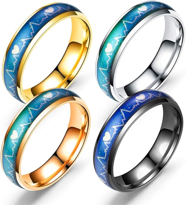 Huplue 4 anillos de acero inoxidable que cambian de color con diseño de latidos del corazón Huplue 4 anillos de acero inoxidable que cambian de color con diseño de latidos del corazón