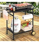 2-Tier Outdoor Grill Table with Wheels, Movable Cooking Food Prep Table for Outside BBQ Gathering...