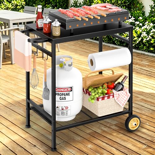 Image of 2-Tier Outdoor Grill Table with Wheels, Movable Cooking Food Prep Table for Outside BBQ Gathering, with 23.62 inch Lx 15.75 inch W Rust-resistant Tabletop, Griddle Stand for Patio & Backyard & Tools Room