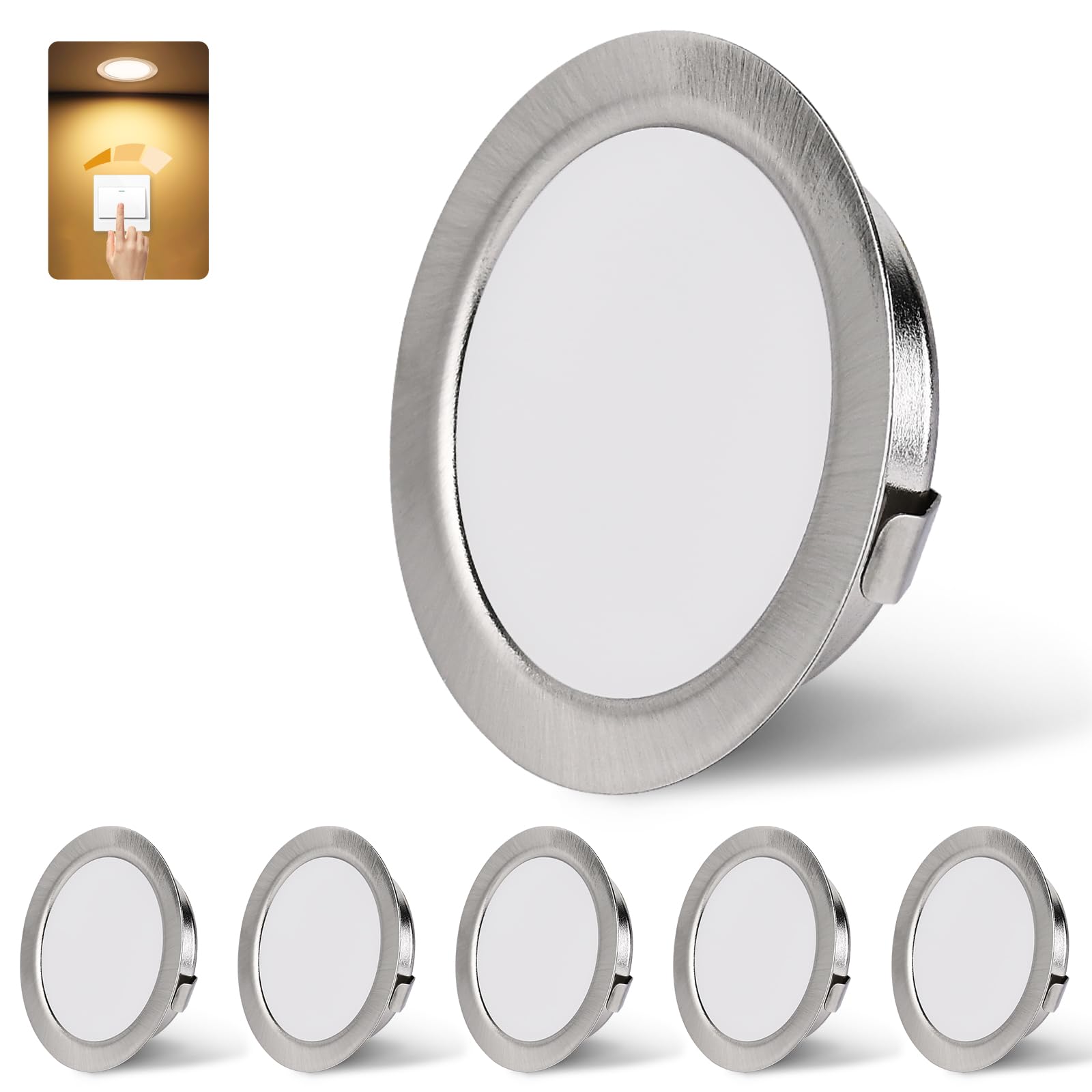 KYOTECH LED Einbaustrahler 230V Dimmbar IP44 3000K Einbauspots 55-58mm | 3W 300LM Möbeleinbauleuchte Warmweiß LED Spot Ultra Flach 15mm für Spiegelschrank 6er Nickel