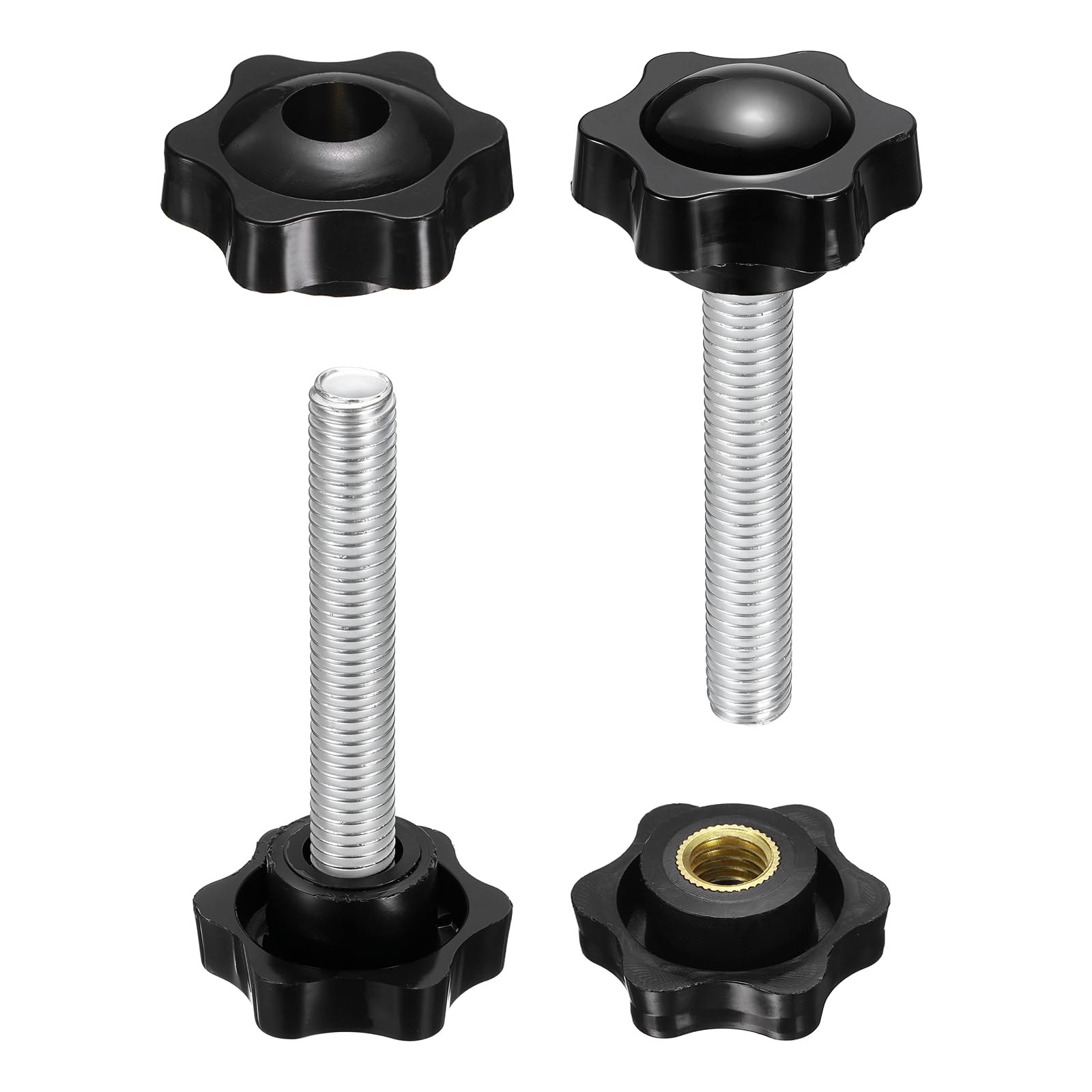 sourcing map 2 Set Star Knobs M10 x 75mm Male + M10 Female Thread 38mm Head Metric 6-Star Threaded Stud Clamping Handles Screw in Through Hole Hand Jig Knob Thumb Screws, Black โ image 1