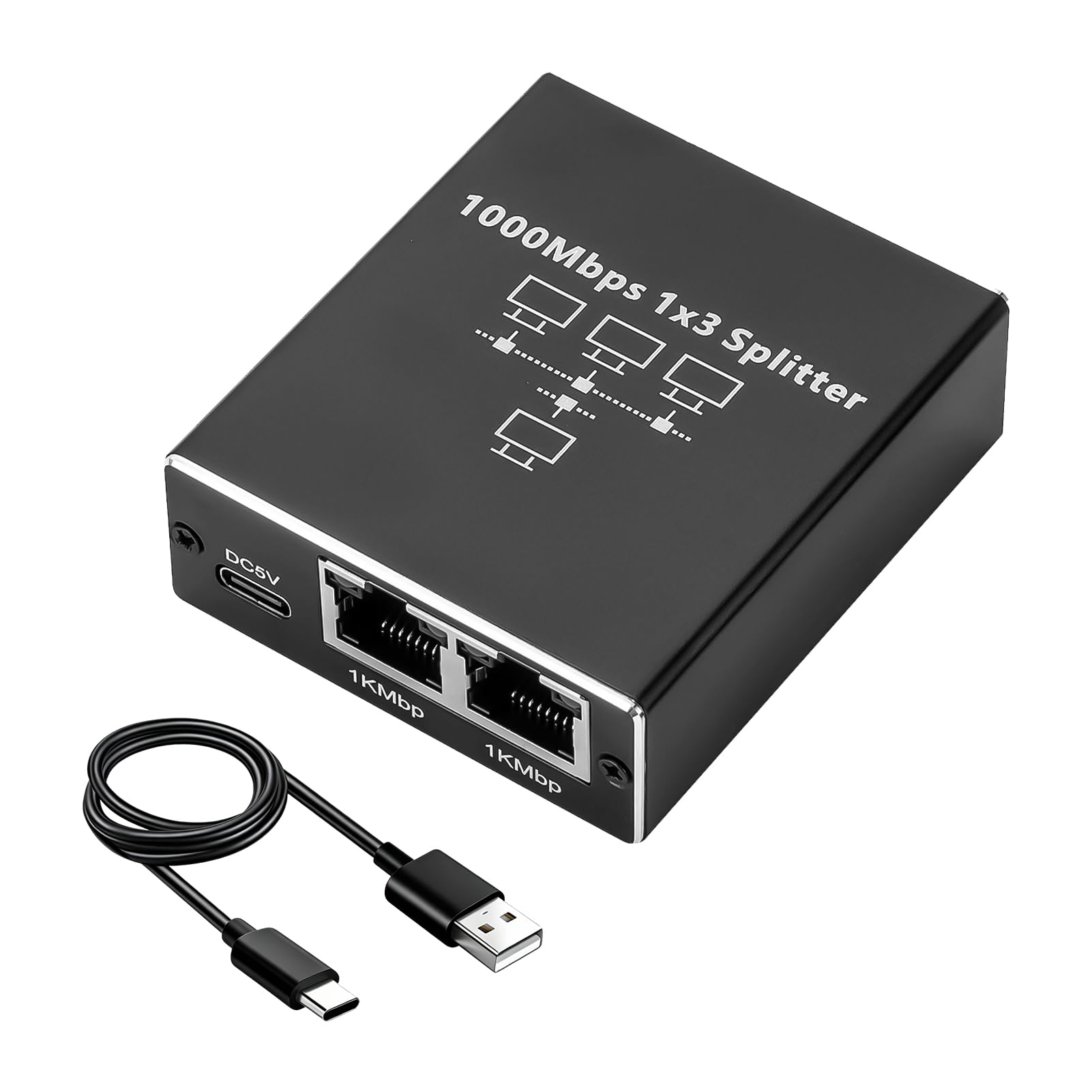 LAN Switch 1 Auf 3, LAN Splitter 1 Auf 3 Gigabit Ethernet Splitter 1000Mbit s, Netzwerk Verteiler mit USB C Stromkabel, Aluminium RJ45 Switch kompatibel mit Router PC TV Set Top Box Cat8 Cat7 Cat6