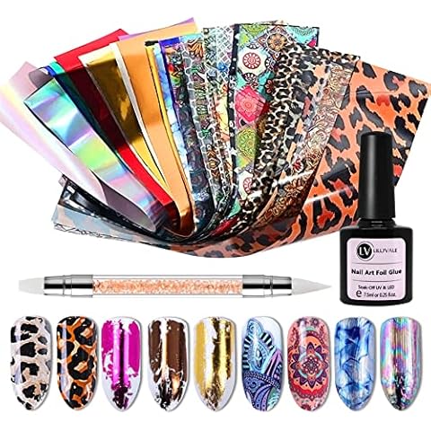 Lillyvale Nail Foils Glue Adhesive Nail Transfer Foil Art Mixed Decal Stickers 50PCS with Silicon Nail Pen Kit Set Tips Manicure UV LED Lamp Required DIY Soak Off Cover