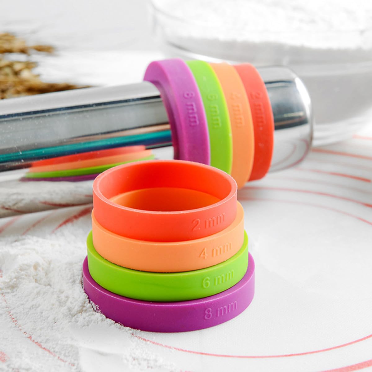 Rodillo antiadherente ajustable con anillos de silicona, rodillo ideal para hornear masa, pasteles, pizza, galletas, herramienta de cocina esencial para panaderos caseros