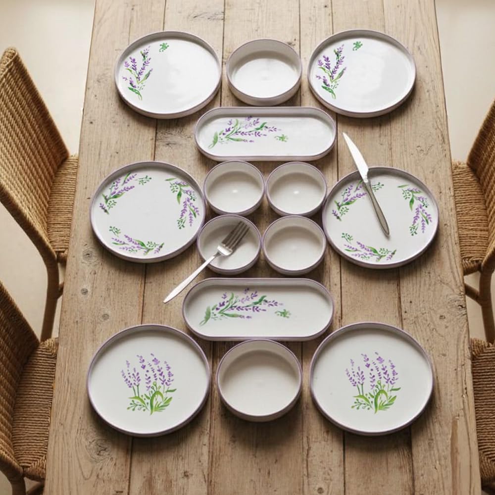 14-teiliges Frühstücksset für 6 Personen – Stackable Lavendel Serie – Handbemaltes Kütahya-Keramikgeschirr mit Servierplatten – Spülmaschinengeeignet & stapelbar
