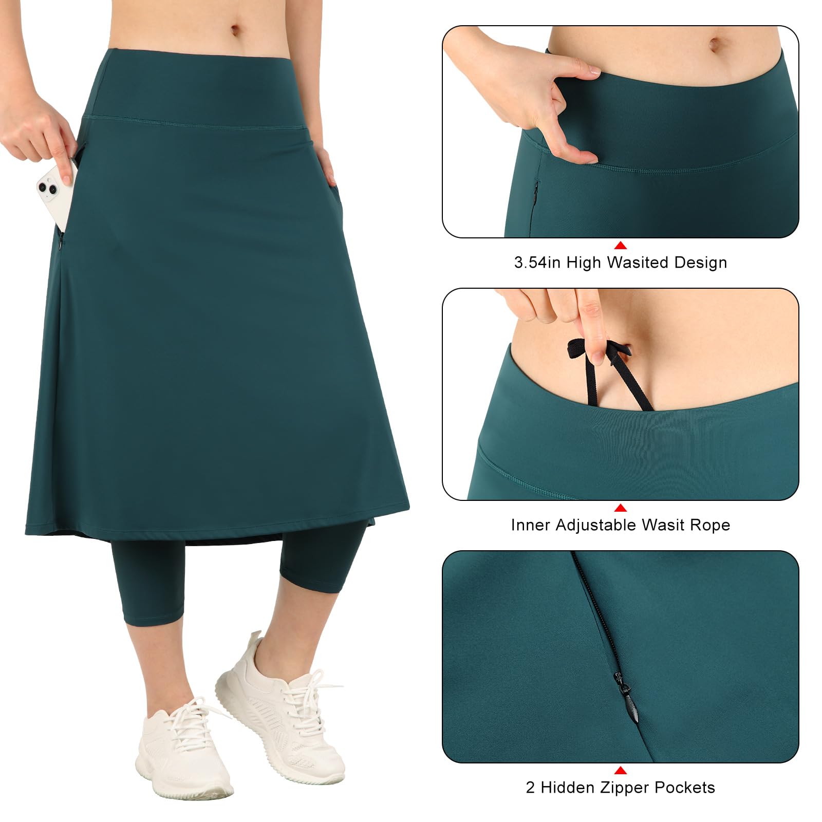 Womens Athletic Skirted Leggings with Pockets High Waisted Knee Length Skirts with Capris Leggings for Tennis