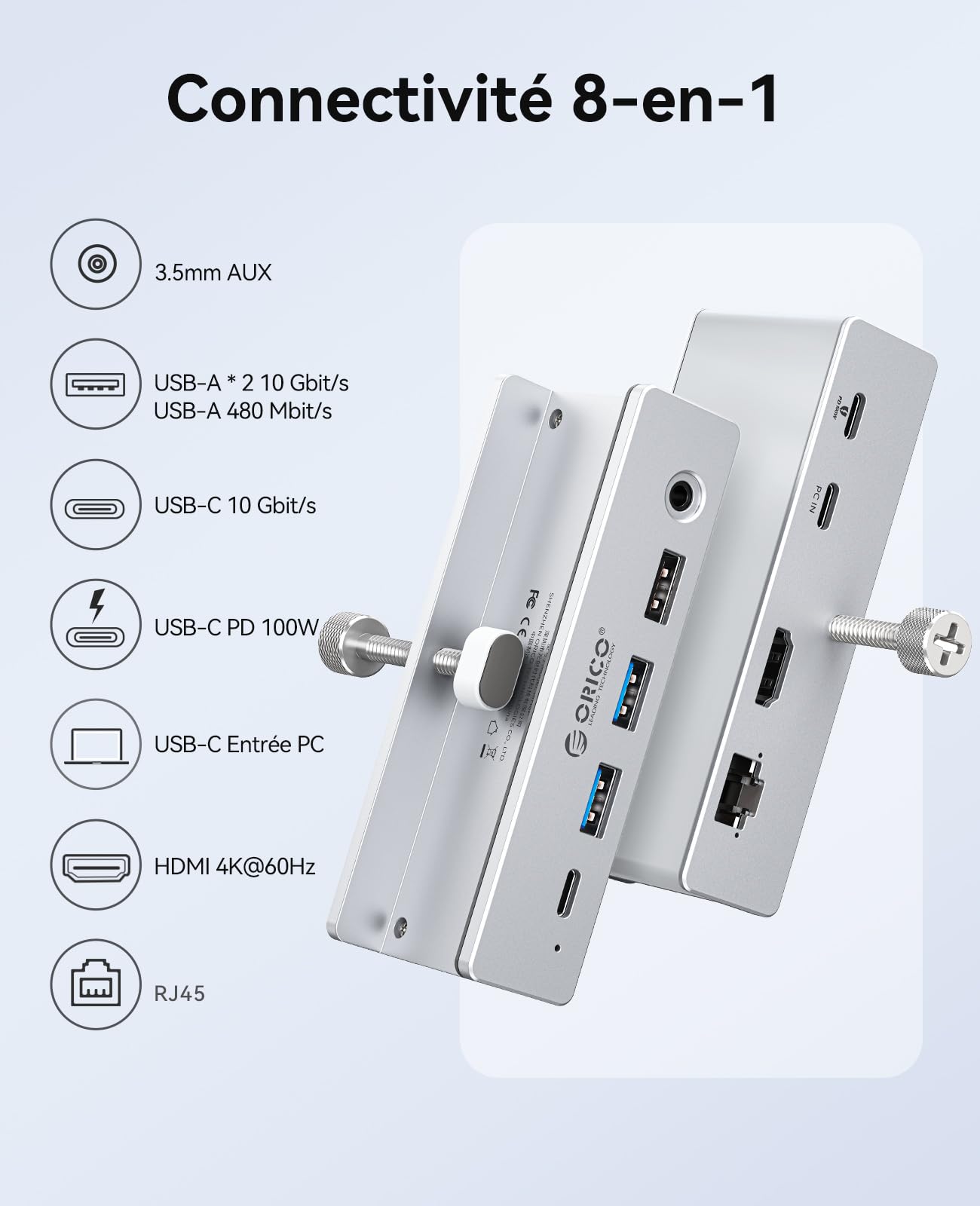 Station d'accueil Clip ORICO, Hub USB-C 8-en-1 avec HDMI 4K@60Hz, PD 100W, Ethernet Gigabit, 4xUSB, AUX, 10Gbps USB C Hub pour Laptop, MacBook, PC (Adaptateur Non Inclus)