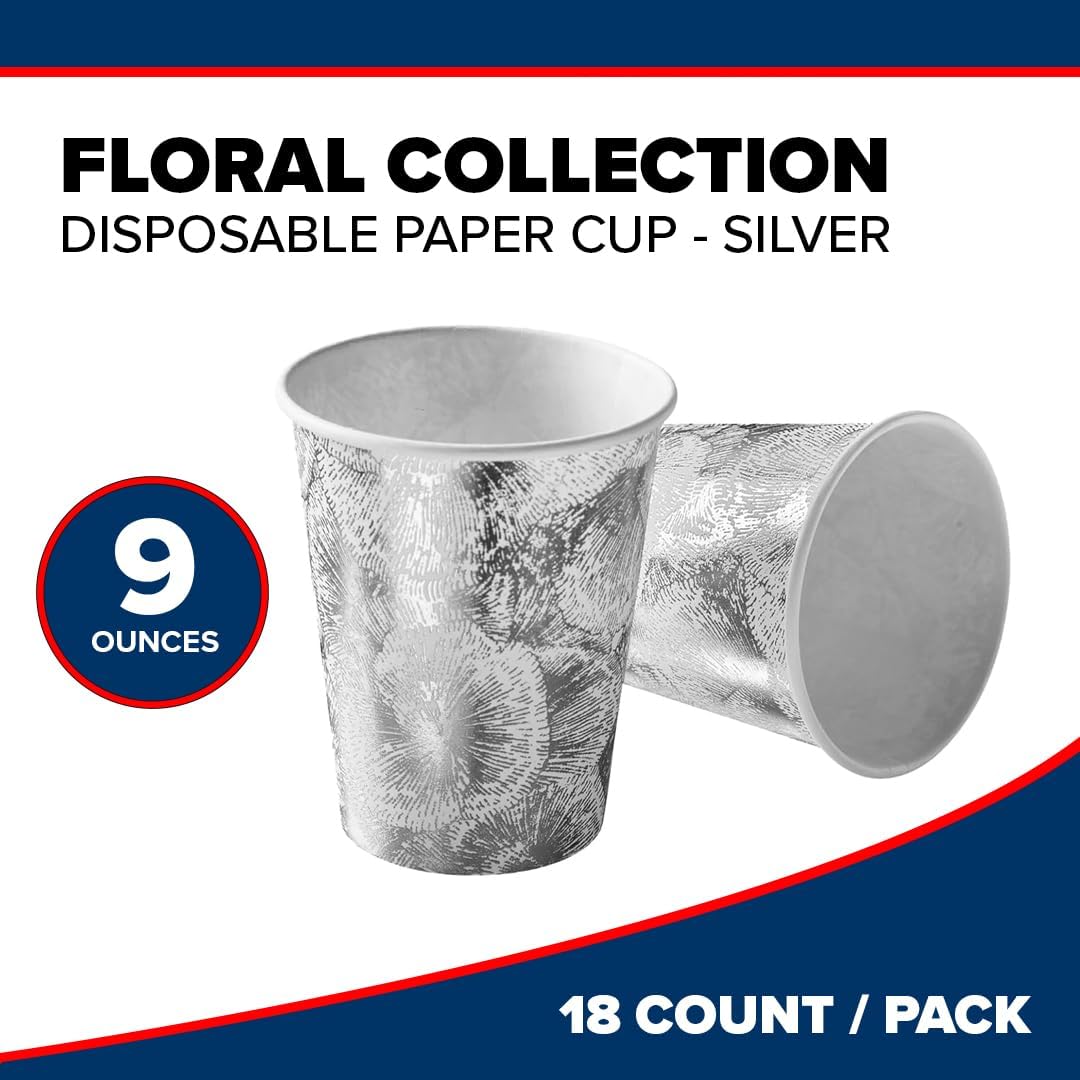 Silver Floral Disposable Paper Cups - 9 oz. (Pack of 18) - Perfect for Coffee, Tea, Hot Chocolate & More - Image 4