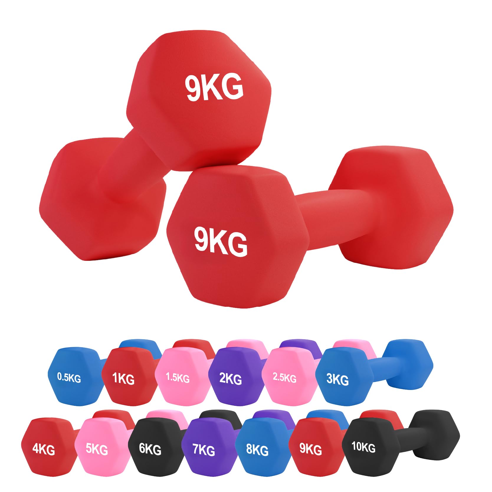 Neoprene Dumbbell – Cast Iron Core Hex Shape Hand Weight with Anti-Slip Grip, Durable Rubber Coating for Strength Training, Home Gym, Fitness & Aerobic Exercise (0.5-10 kg) (9Kg Pair-Red)