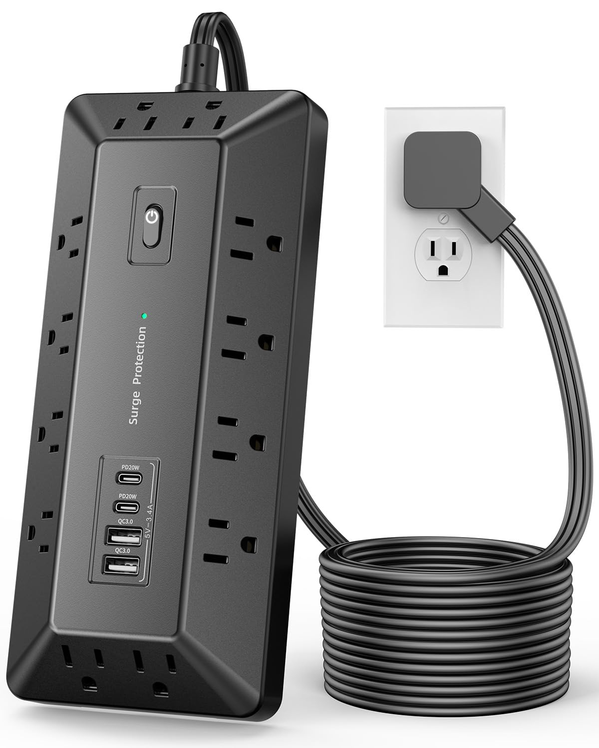 Regleta de alimentación de computadora con protección contra sobretensiones, 12 salidas de CA, 2 USB-C 2 USB-A, cable de extensión de enchufe plano de 6 pies para estación de carga de
