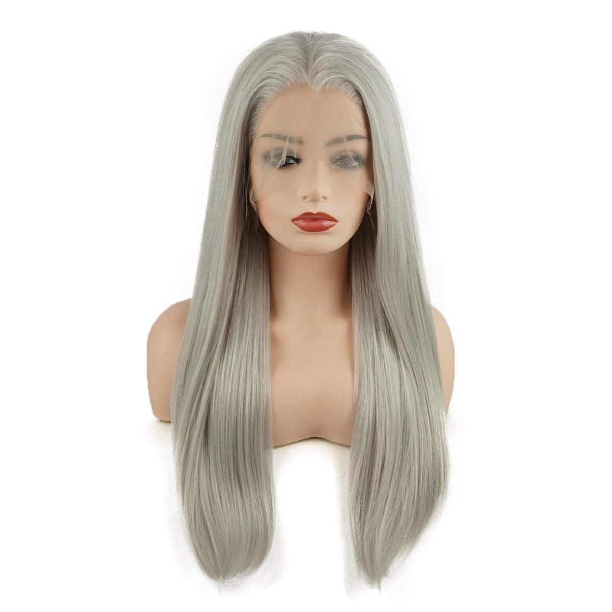 Hair Straight Long 24inch Grey and White Mix Half Hand Tied Heavy Density Realistic Heat Resistant Synthetic Lace Front Wig