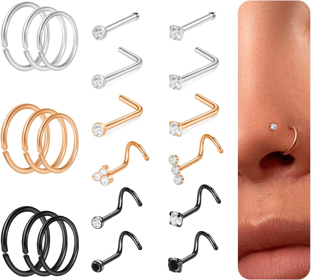 8PCS Titanium Nose Rings Stud, Gold Nose Ring for Women Men Hypoallergenic Nostril Hoops L Shape Nose Studs Corkscrew CZ Nose Piercing Jewelry Silver 18G & 20G Nose Ring Studs 2/2.5/3mm