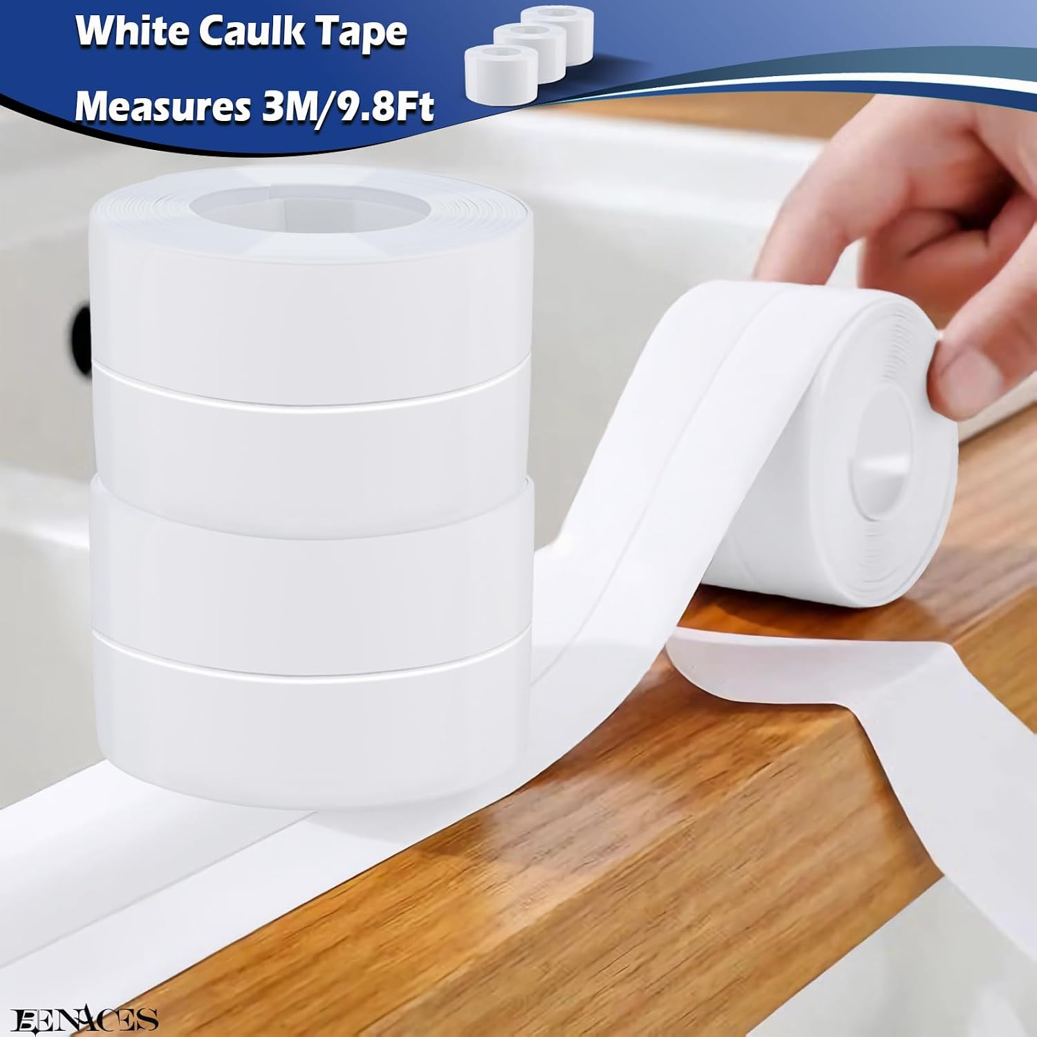 3 Pack White Waterproof Caulk Tape，BENACES Caulk Tape Waterproof Self Adhesive，118”×1.5” Bathroom Caulking Tape, PVC Caulking Strip Suitable for Toilets, Kitchens, Bathrooms, Sinks, Showers