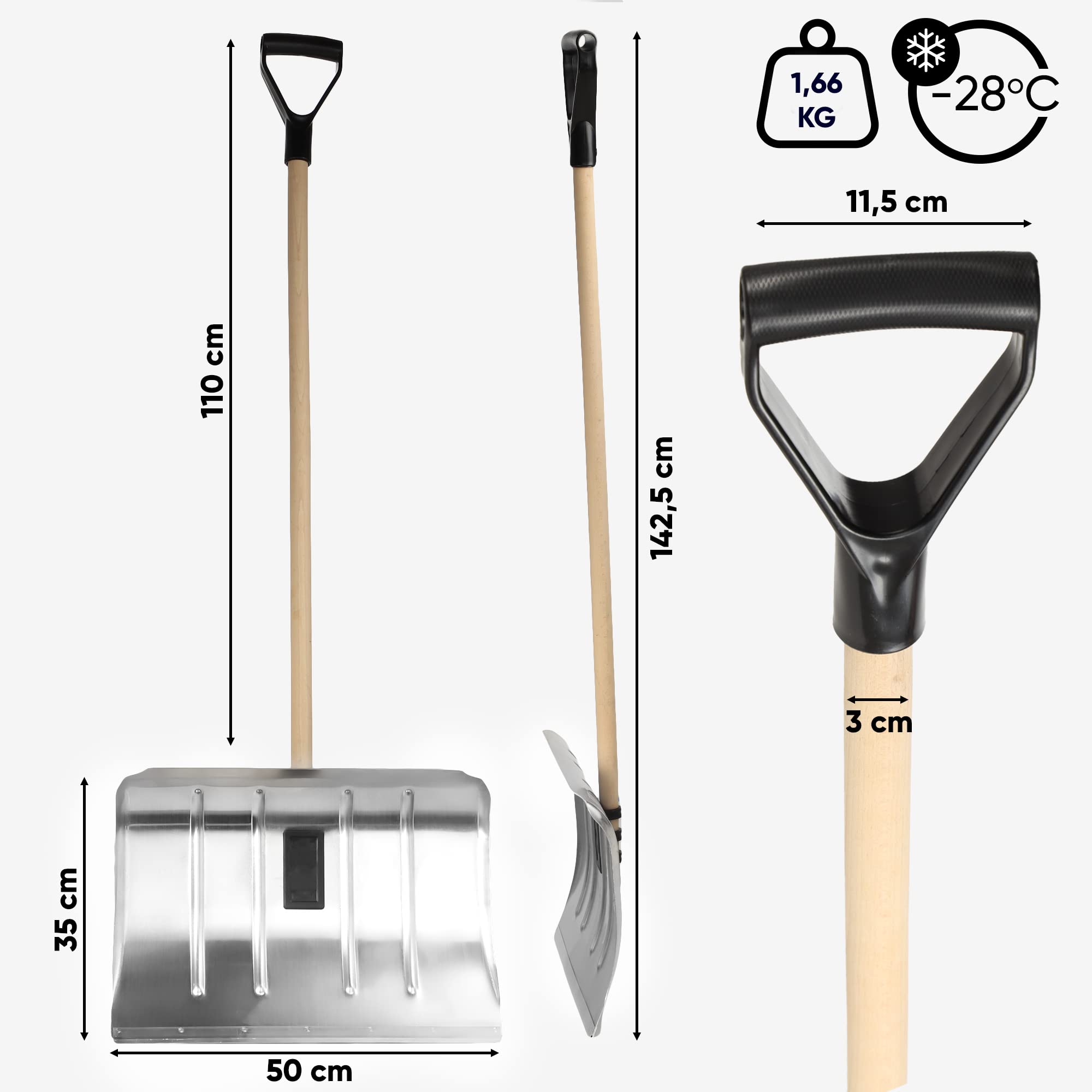 KADAX Aluminiumschneeschieber, Aluminiumschneeschaufel, Schneeräumer mit Holzstiel und D-Griff, ergonomische Schneeschüppe, robuste Schneeschippe (50 cm Breite)