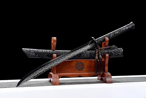 Miniatura 5 de Espada de sable chino real, espada ancha (hoja de acero forjada de resorte, accesorios de aleación, vaina negra)