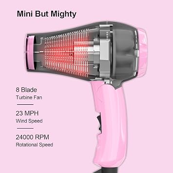 Foldable Travel Hair Dreyr Mini:Dual Voltage Small Lightweight Blow Dryer for International Travel,1200w Compact Pink Hairdryer with Concentrator and Travel Bag(Hot Pink)