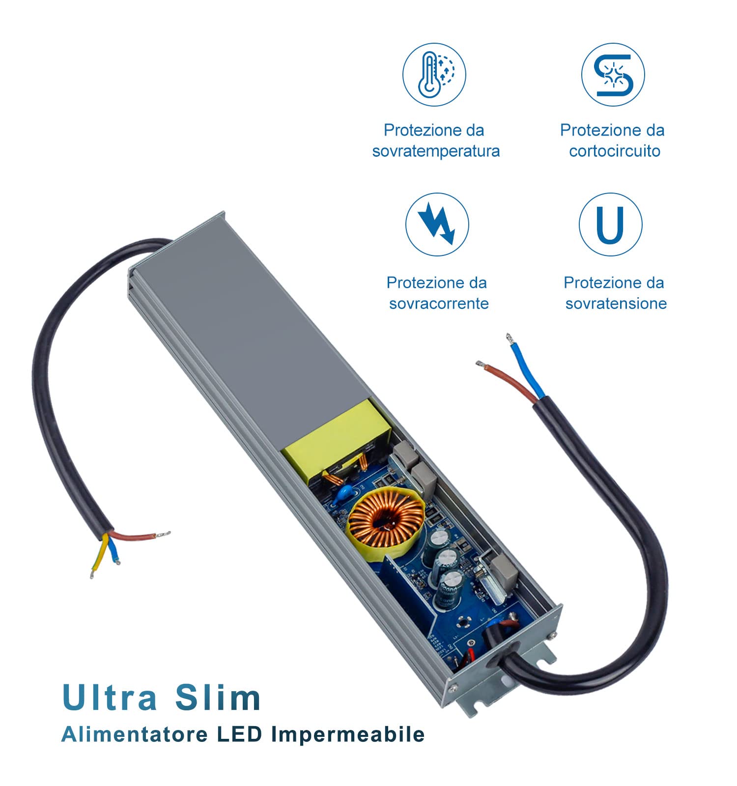 DUSKTEC Trasformatore LED 12V 60W 5A Alimentatore 220V DC, IP67 Driver Impermeabile per Esterni, Adattatore a Tensione Costante per Strisce e Luci per Armadi