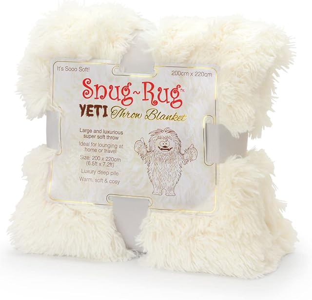 Snug Rug Yeti Luxury Deep Pile Faux Fur Throw Blanket Fluffy Soft Cosy Warm Blanket for Bed Sofa and Couch Chair  Giant Heavyweight 2.5kg - King Size 200 x 220cm (6.5ft x 7.2ft) Polar white / cream