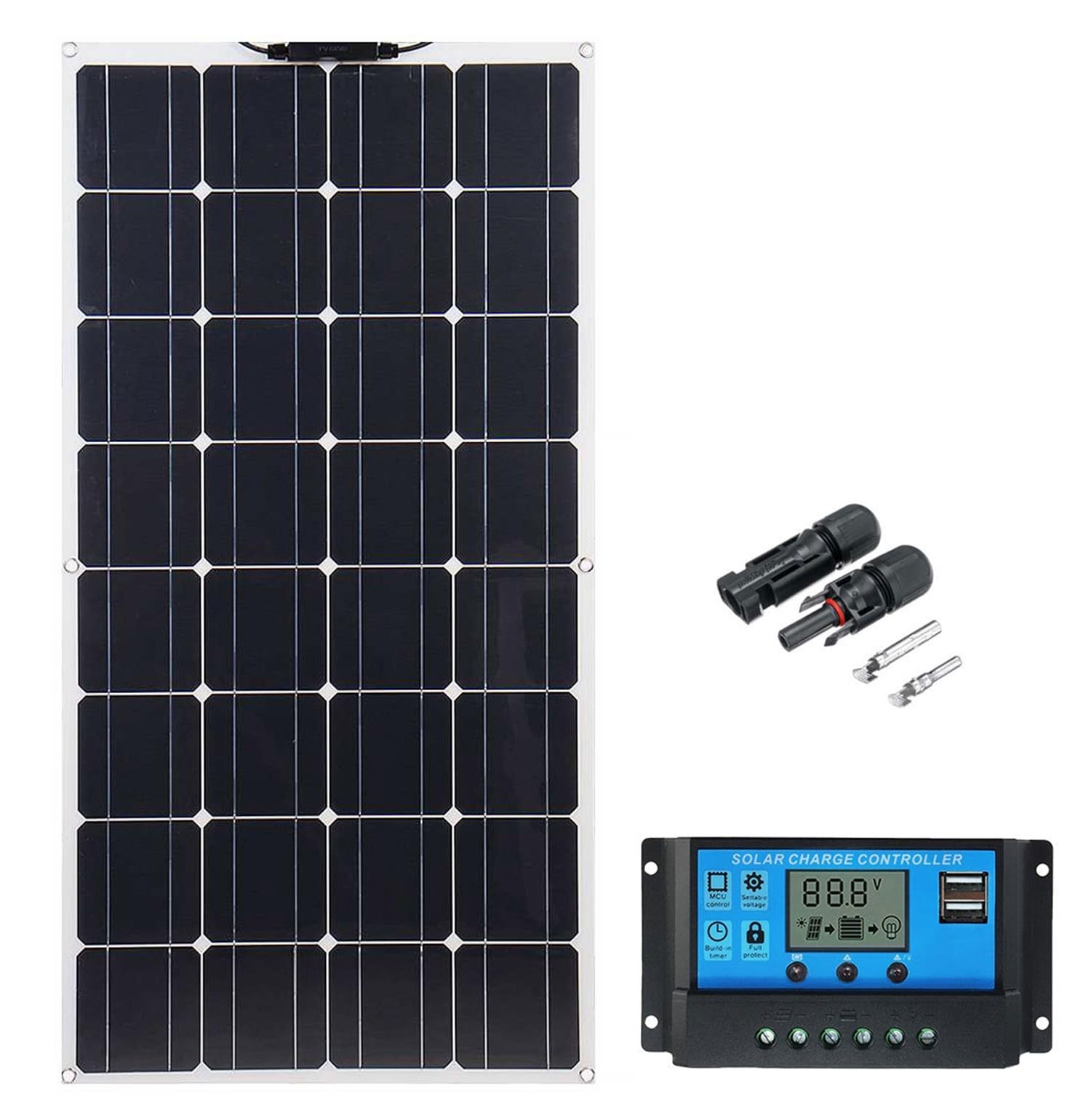 BLUEZY Kit Sistema Pannelli Solari Flessibili 100W 200W 300W 400W Modulo Fotovoltaico con Regolatore Carica 40A, Pannello Solare Monocristallino per Marino,Camper, Campeggio, Barca, Auto 3Pcs