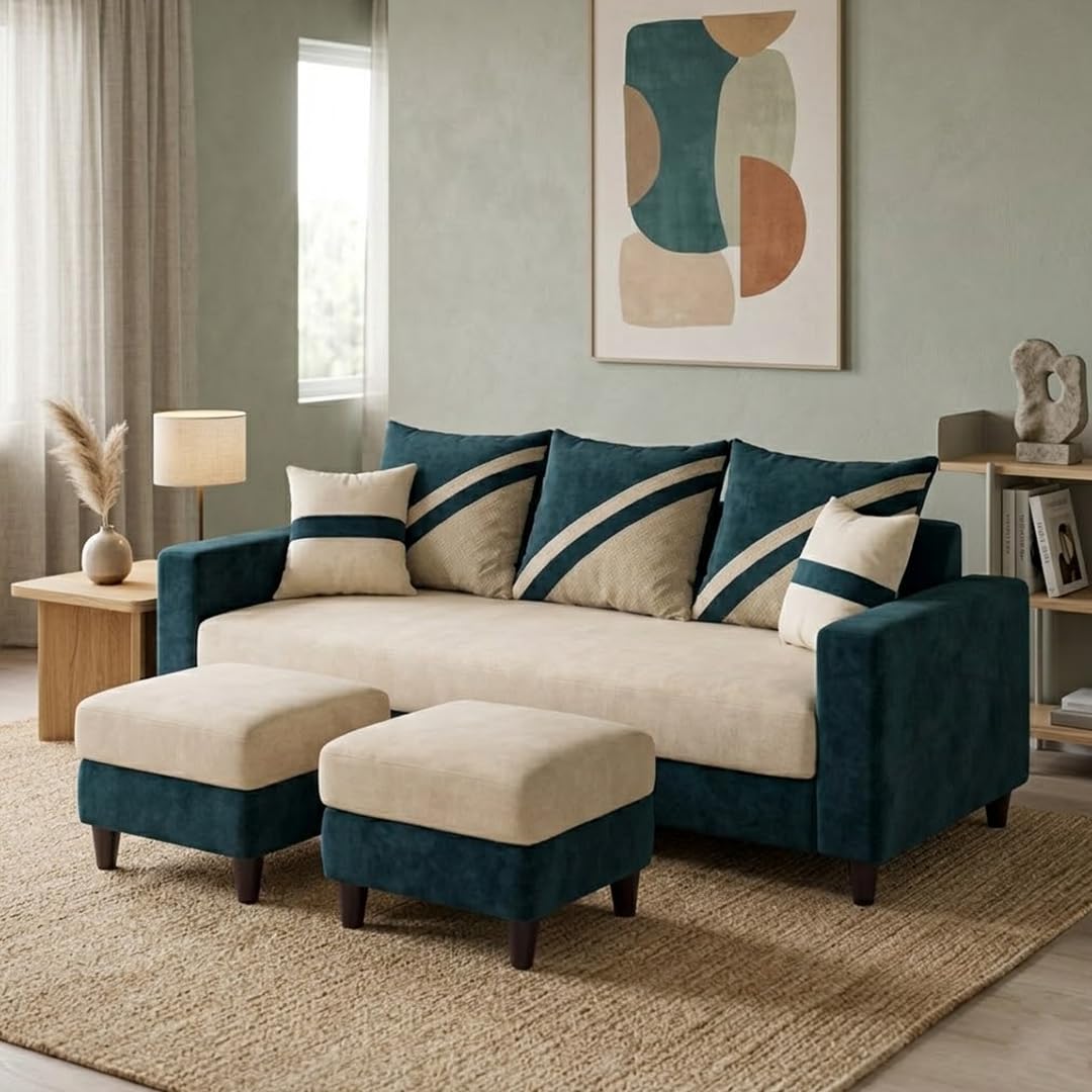 SLEEPIFY Covelle 3 Seater Sofa Set with 2 Ottoman (Green Teal - Cream) | Premium Soft Velvet | Plush Comfort Cushions | Modern Living Room Sofa | Spacious Comfortable Seating-image-13