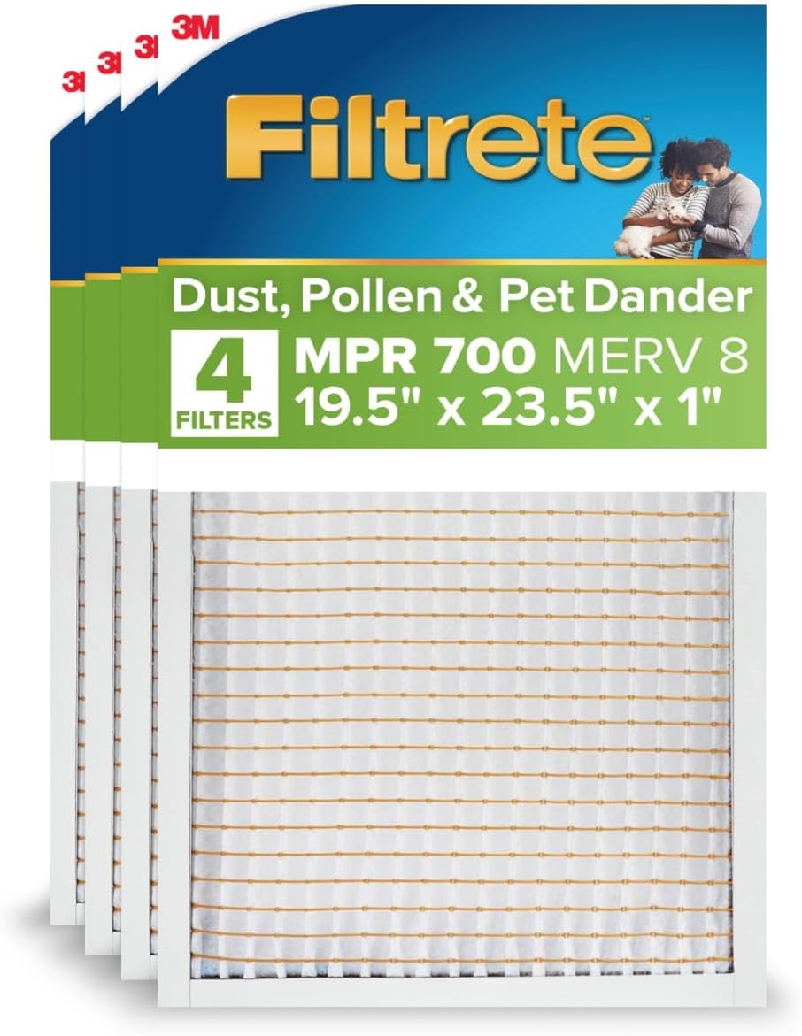 Filtrete 19.5x23.5x1 AC Furnace Air Filter, MERV 8, MPR 700, Tough on Pollen, Easy on Airflow, 3-Month Pleated 1-Inch Electrostatic Air Cleaning Filter, 4-Pack (Actual Size 19.31 x 23.31 x 0.81 in)