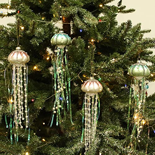 Avvikro 4 Pieces 13" Christmas Tree Hanging Ornaments Plastic Jellyfish Rhinestone Pearls Beaded Streamers Coastal Pendants Xmas Party Decoration Mini Christmas Tree Ornaments #TOP6