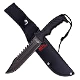 MT-20-57BK Fixed Blade Hunting Knife, Black Blade, Black Rubberized Handle, 12.5-Inch Overall