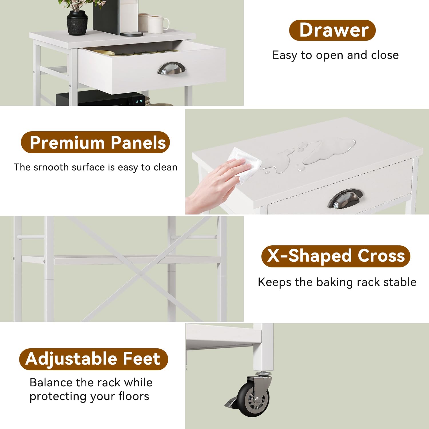 IBUYKE - Estante de cocina para panadería con cajones, soporte para microondas de 3 niveles con almacenamiento, mesa de barra de café con ruedas, estante ajustable, montaje simple, blanco TMJ030W — view 2
