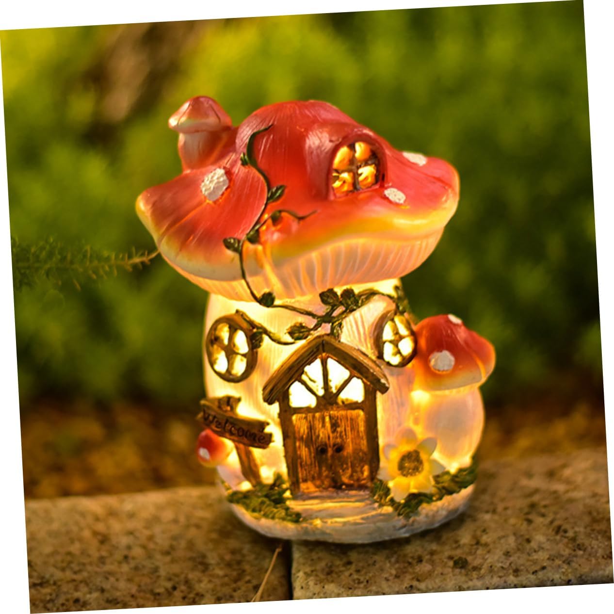 Resin Mushroom House Statue Decor Solar Lights Outdoor Decorative Garden Ornament