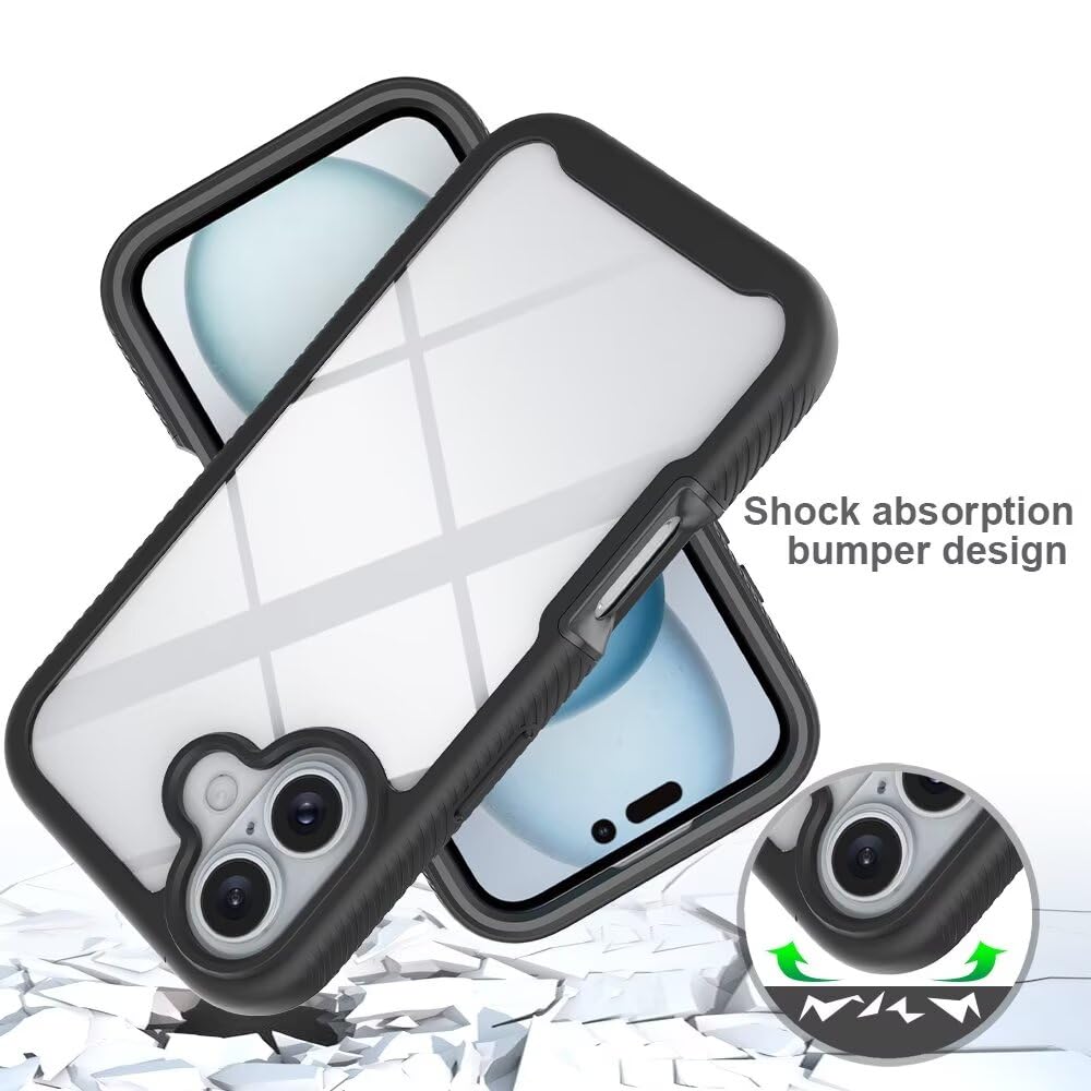 Lvnarery For iPhone 16 Case with Built-in Screen Protector Military Grade Shockproof Clear Cover 360° Full Body Protective Rugged Bumper Phone Case for iPhone 16 Black - Image 2