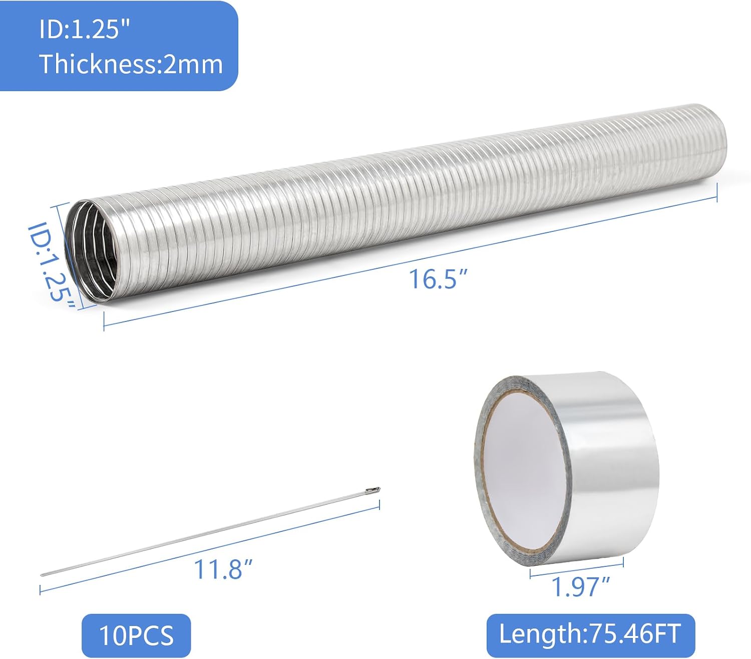 Universal Exhaust Flex Pipe 1.25"[1 1/4"] ID X 16.5"Length 304 stainless steel Exhaust Pipe Can be extended to 20" Comes With Aluminum Foil Tape (2in*75FT),Stainless Steel Cable ties, and black gloves