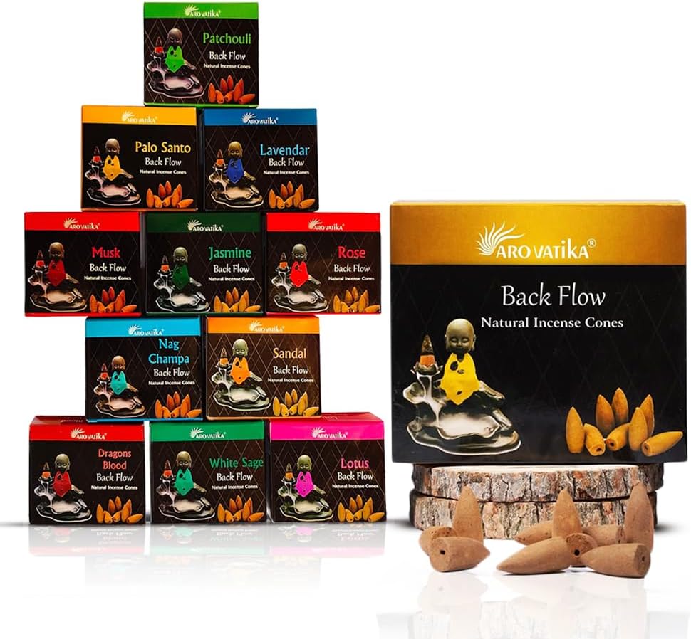 ARO VATIKA Backflow Natural Masala 120 Incense Cones | Pack of 11 Different Assorted Fragrances | for Home Fragrance & Prayers | Size 32mm | Burn Time- Approx 18 Minutes