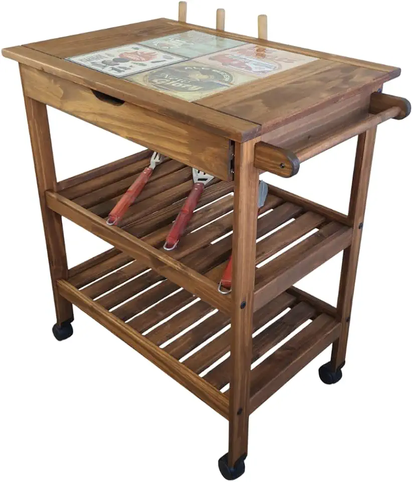 Carrinho de Churrasco Gourmet em Madeira Pinus Mesa Retangular com Rodízios Imbuia 90x76x52cm com Gaveta e Prateleiras Gradeadas Suporte para Espetos (Tampo com cerâmica)