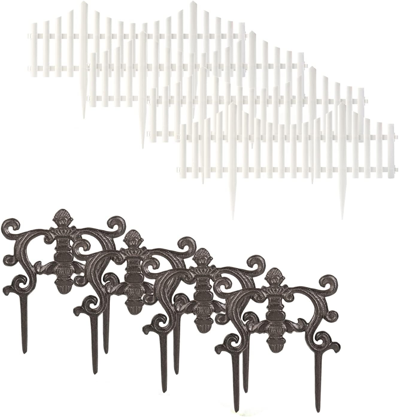 Sungmor Garden Picket Fence, Outdoor Landscape Edging Border, Decorative Fence Panels for Lawn Flowerbeds, 4pcs White Plastic Fence and 4pcs Cast Iron Picket Fence