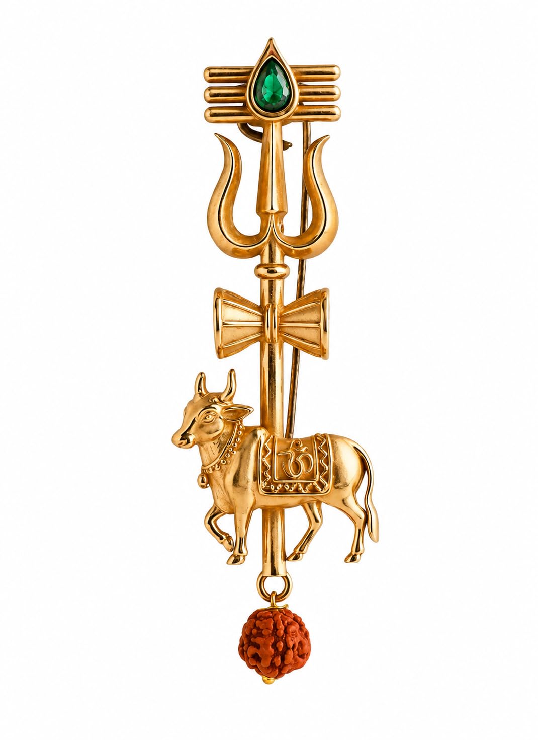 Miskari Lord Shiva Trishul Nandi Brooch for Men | Gold-Toned Religious Lapel Pin with Rudraksha & Green Stone | Premium Sherwani, Blazer, Bandhgala & Wedding Brooch-image-1