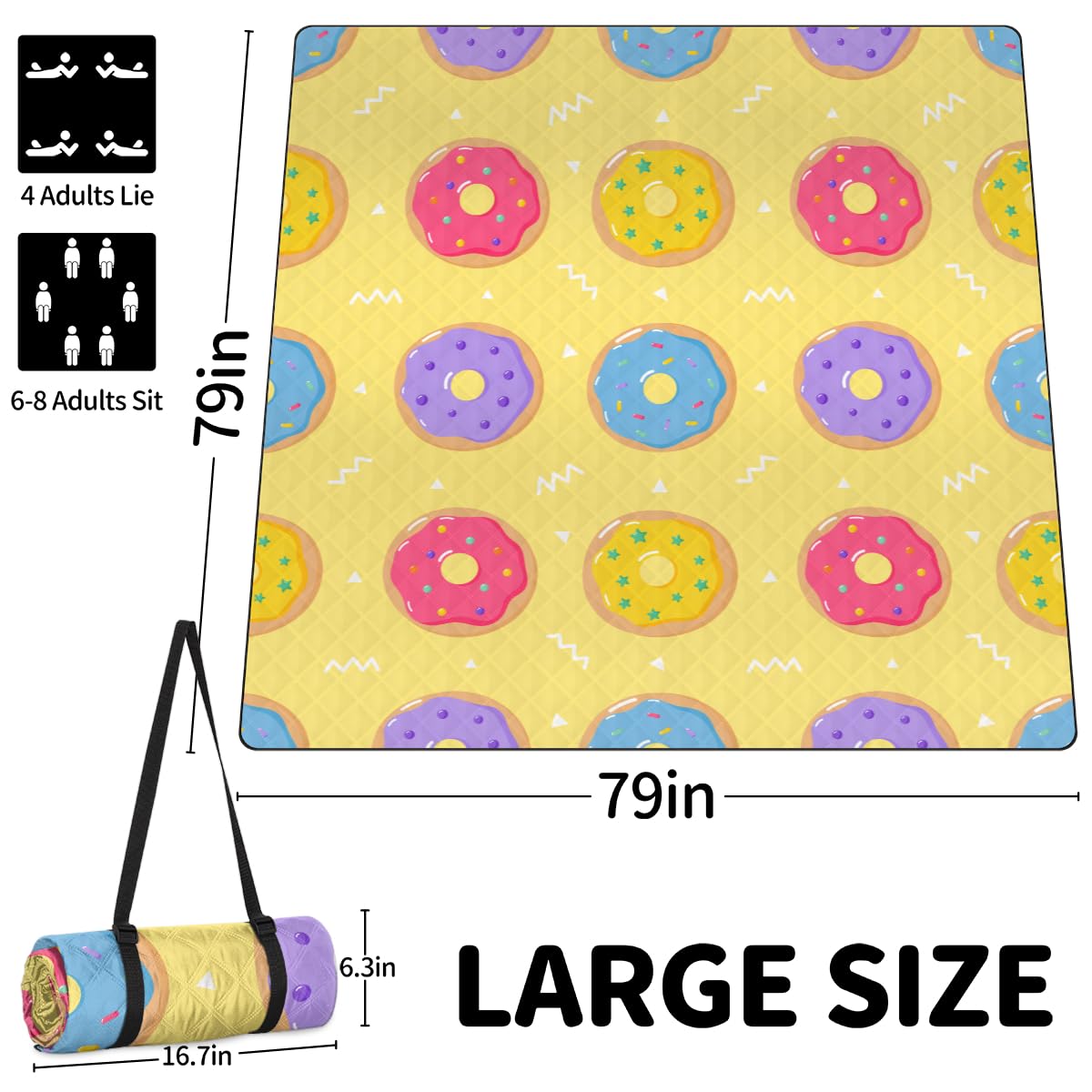 Shimoshe Extra Large Picnic Blankets 79”x 79”, Yellow Background Donut Waterproof Foldable Picnic Mat with Straps Portable Beach Blanket for Camping Park Grass Beach Indoor