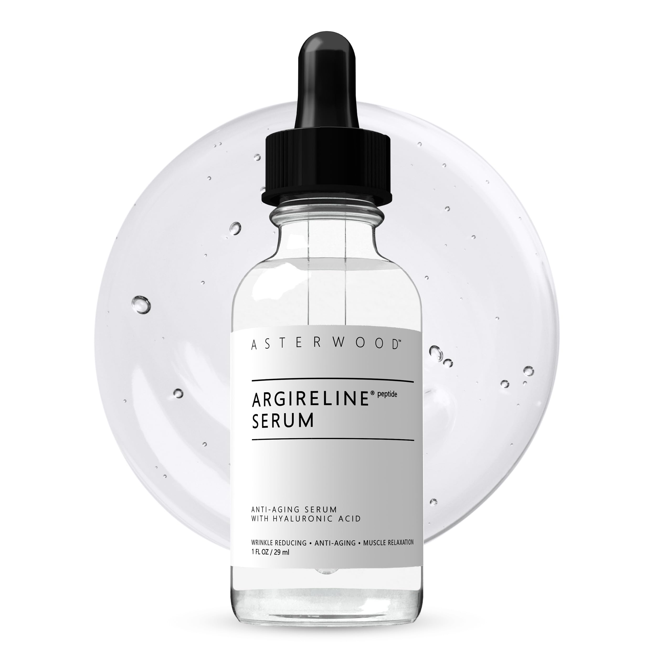 ASTERWOOD Argireline Serum 30% with Organic Hyaluronic Acid 20% 1 oz - Anti Wrinkle, Anti Aging - Genuine Liptec Argireline - Skin Relaxer - Naturals - 1 Ounce Glass Bottle