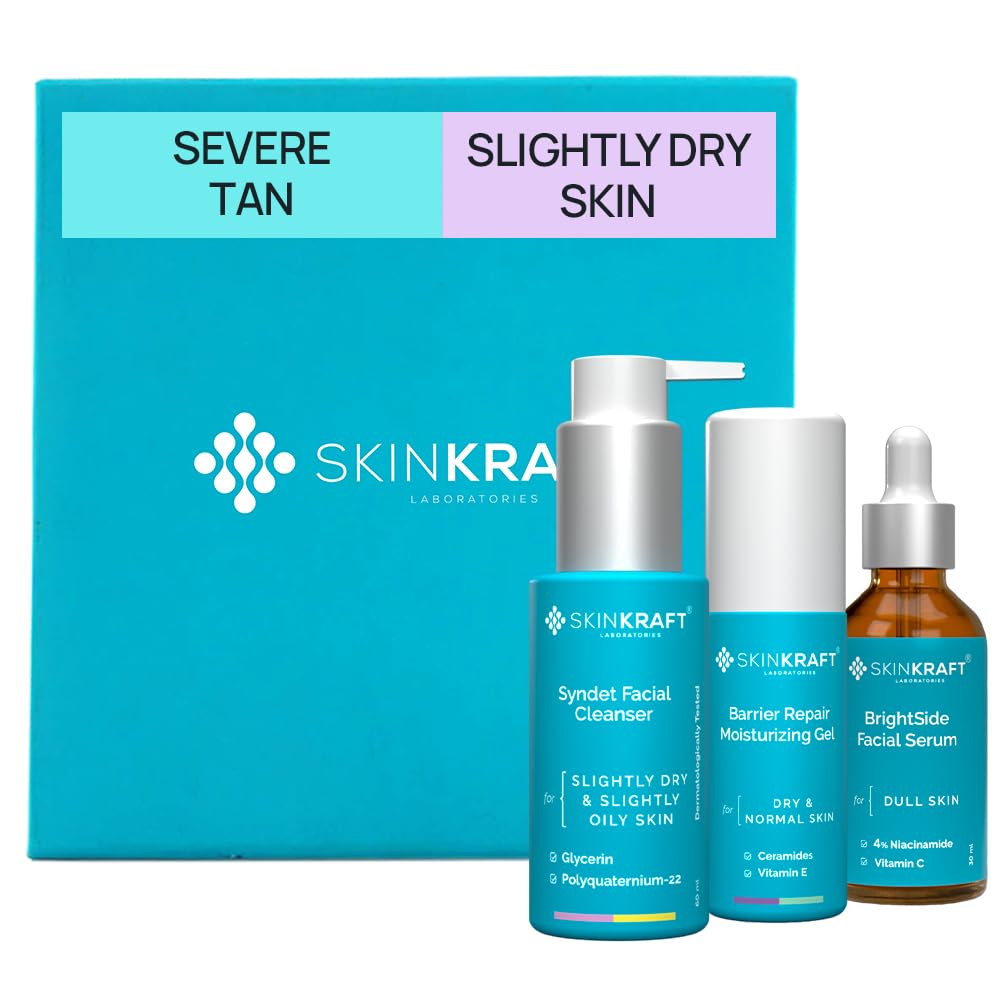 SkinKraft Severe Tan Removal Facial Kit For Slightly Dry Skin - Customized Skincare Kit - Cleanser + Moisturizer + Severe Tan Serum - For Women & Men - Dermatologist Recommended (Pack Of 3)
