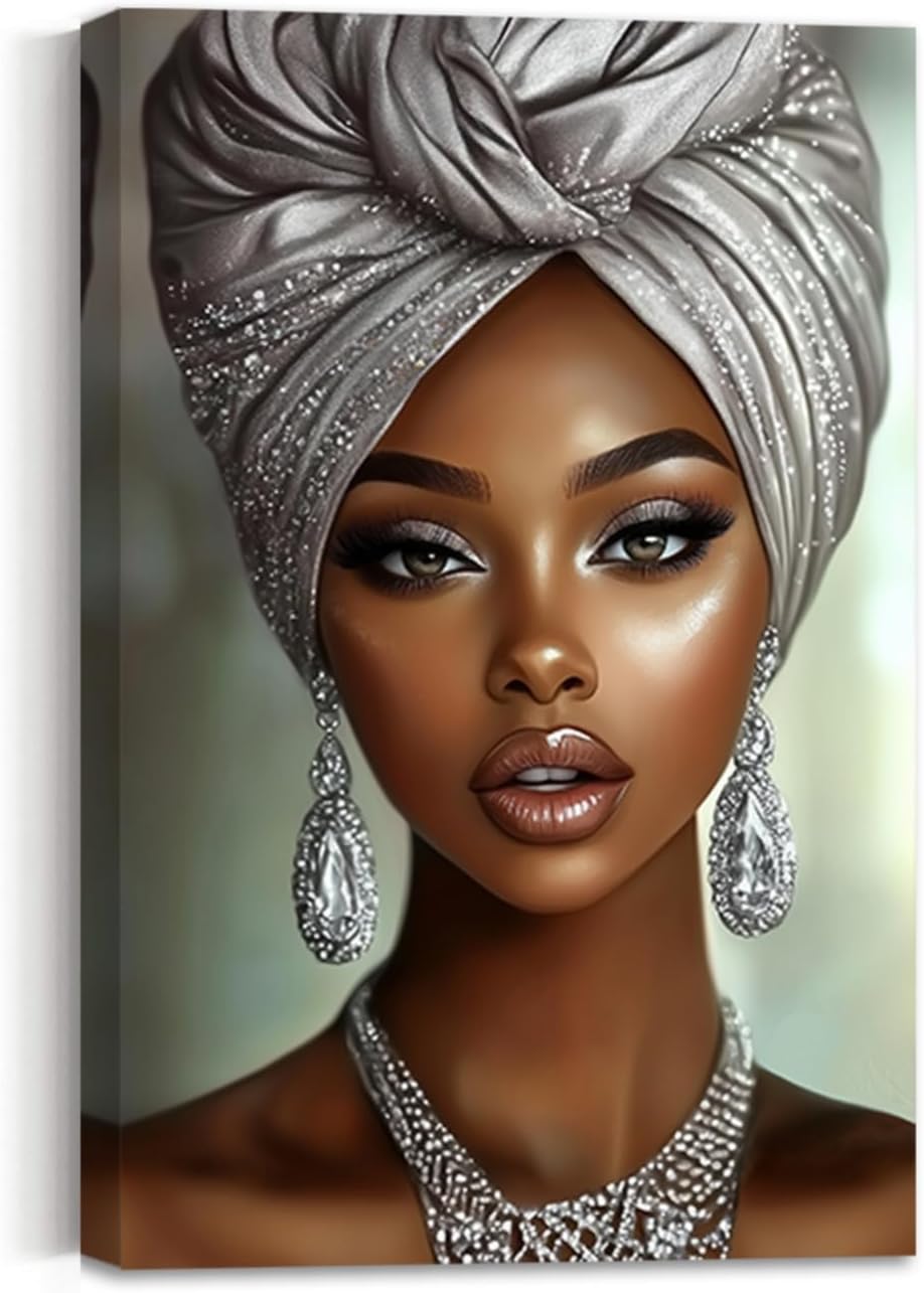 ZSHDEYMTOP African American Canvas Wall Art Black Woman Drinking Coffee Picture Prints African Girl Wearing Silver Headdress Painting Black Girl Poster Decor (Brown, (18L x 12W))
