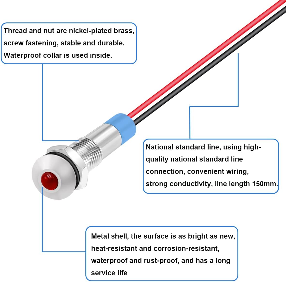 smseace 5PCS Red AC/DC12-24V LED Indicator Lights 1/4‘’(6mm) Waterproof High Head Indicator Signal Lamp with 150mm Cable Length Metal LED Indicator Light
