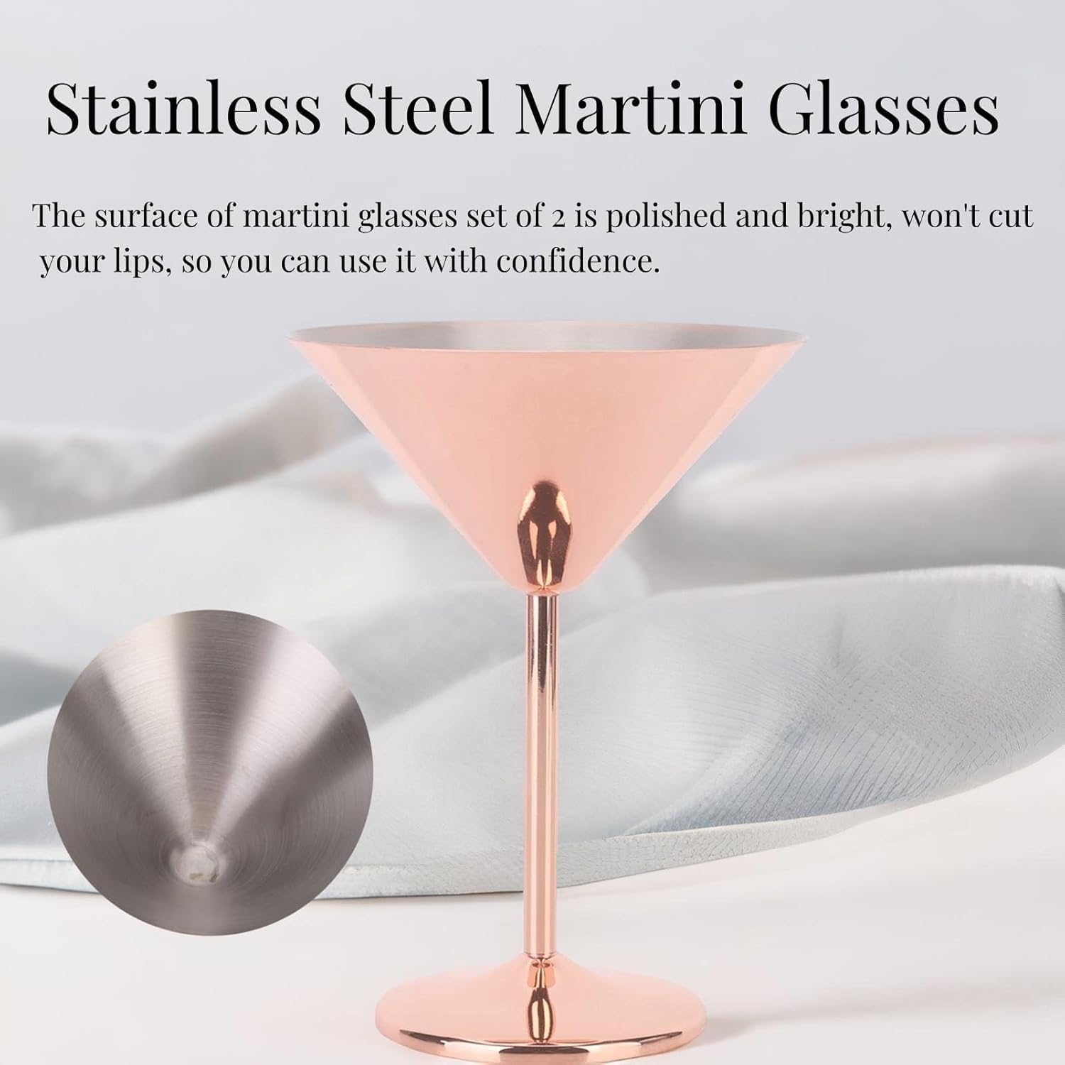 Stainless Steel Martini Glasses Set of 2, 220ml Unbreakable Metal Martini Glasses Copper Martini Stylish Cocktail Glasses Wine Goblet Gift Set for Bar Drink, Rose Gold