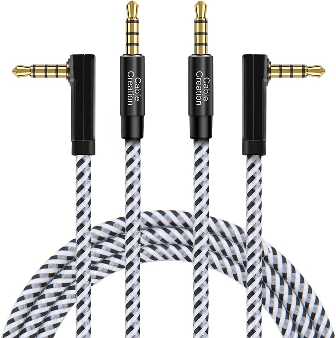 CableCreation 3.5mm オーディオケーブル [2本パック] 90度 直角 4導体 TRRS ステレオ AUXケーブル [マイク対応] 3フィート ブラック&ホワイト
